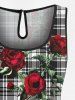 Plus Size Rose Flower Leave Plaid Print Hawaii Drawstring Pocket Romper -  