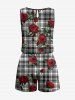 Plus Size Rose Flower Leave Plaid Print Hawaii Drawstring Pocket Romper -  