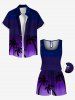 Plus Size Coconut Tree Ombre Galaxy Print Hawaii Drawstring Pocket Romper -  