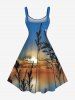 Robe trapèze hawaïenne grande taille à imprimé coucher de soleil et crépuscule, motif ombré, plantes et mer - Bleu XXS