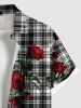 Chemise hawaïenne grande taille à imprimé floral et feuilles de rose et à carreaux pour homme - Noir 5XL