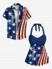 Haut de tankini dos nu avec imprimé ancre et drapeau américain patriotique, surpiqûres 3D, style croisière hawaïenne - Bleu 5X