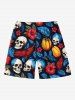 Plus Size Skull Tropical Leaf Hibiscus Flower Print Hawaii Drawstring Beach Shorts For Men -  