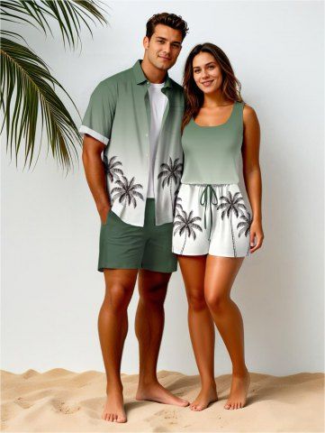 Matching Hawaii Shirt and Romper Plus Size Beach Outfit Coconut Tree Ombre Print For Couples - LIGHT GREEN