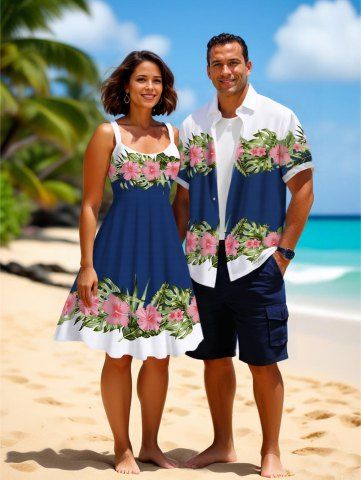 Topical Leaf Hibiscus Flower Print Plus Size Matching Hawaii Beach Outfit For Couples - BLUE