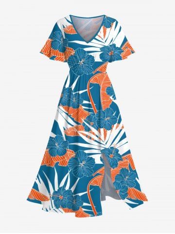 Plus Size Tropical Leaf Hibiscus Flower Print Split Hawaii Midi Dress - BLUE - 3X