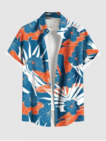 Plus Size Tropical Leaf Hibiscus Flower Print Buttons Pocket Hawaii Shirt For Men - BLUE - M