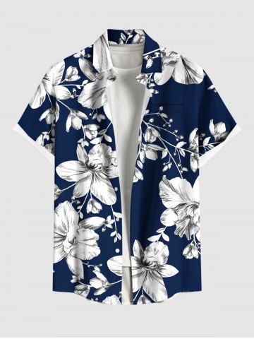 Plus Size Flowers Leaf Tropical Print Buttons Pocket Hawaii Shirt For Men