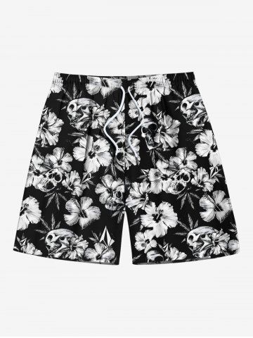 Plus Size Hibiscus Flowers Skulls Print Hawaii Beach Shorts For Men - BLACK - 8XL