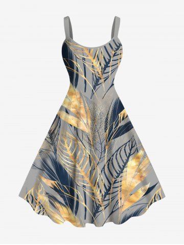 Plus Size Tropical Leaf Feather Metallic Print Hawaii Tank Dress - GRAY - 2X