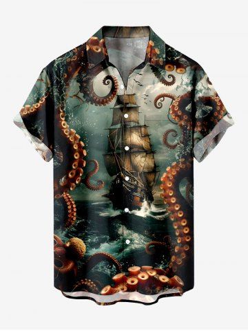 Plus Size Octopus Ship Sea Wave Crusie Print Buttons Pocket Hawaii Shirt For Men - DEEP GREEN - M
