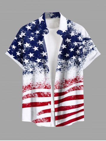 Plus Size Patriotic American Flag Distress Printed Buttons Pocket Shirt For Men - BLUE - M