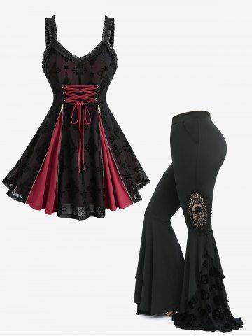 Mesh Flocking Lace-up Tank Top and Skull Floral Appliques Flare Pants Plus Size Outfit - RED