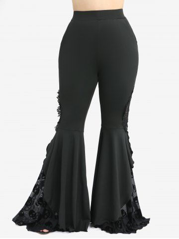 Lace Up Asymmetrical Cold Shoulder Blouse and Skull Flocking Appliques Flare Pants Plus Size Outfit