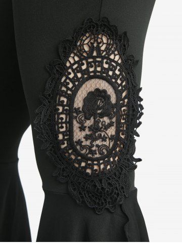 Lace Up Asymmetrical Cold Shoulder Blouse and Skull Flocking Appliques Flare Pants Plus Size Outfit