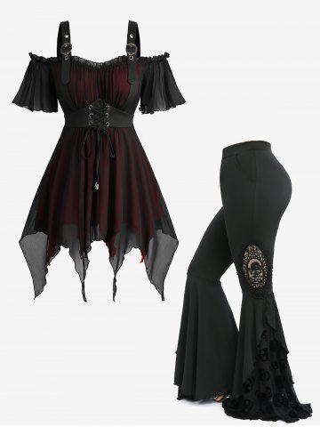 Lace Up Asymmetrical Cold Shoulder Blouse and Skull Flocking Appliques Flare Pants Plus Size Outfit - BLACK