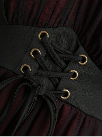 Lace Up Asymmetrical Cold Shoulder Blouse and Skull Flocking Appliques Flare Pants Plus Size Outfit