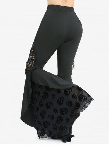 Lace Up Asymmetrical Cold Shoulder Blouse and Skull Flocking Appliques Flare Pants Plus Size Outfit