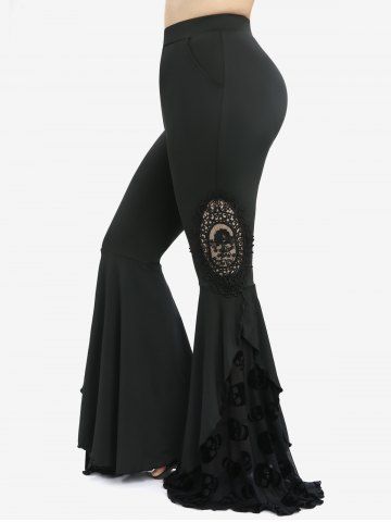 Lace Up Asymmetrical Cold Shoulder Blouse and Skull Flocking Appliques Flare Pants Plus Size Outfit