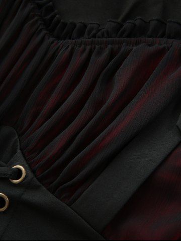 Lace Up Asymmetrical Cold Shoulder Blouse and Skull Flocking Appliques Flare Pants Plus Size Outfit