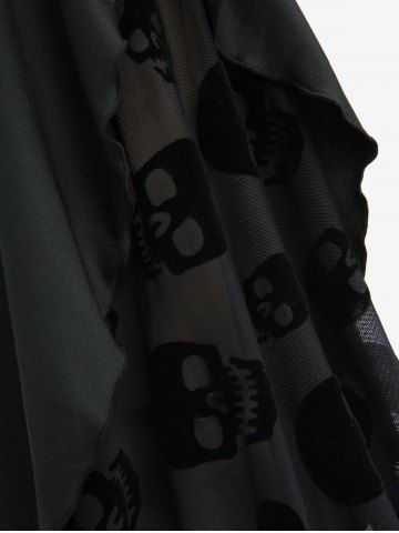 Lace Up Asymmetrical Cold Shoulder Blouse and Skull Flocking Appliques Flare Pants Plus Size Outfit