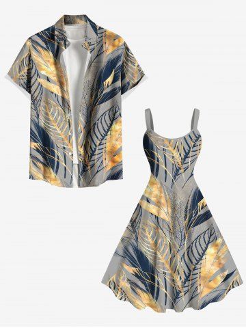 Tropical Leaf Feather Metallic Print Plus Size Matching Hawaii Beach Outfit For Couples - GRAY