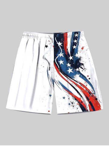 Plus Size Painting Splatter Patriotic American Flag Print Drawstring Beach Shorts For Men - WHITE - 7XL