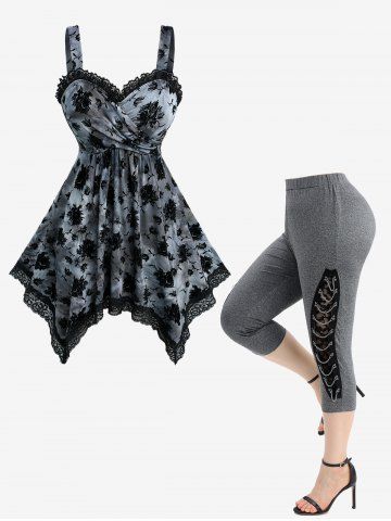 Floral Flocking Tie Dye Crossover Handkerchief Top and Patchwork Lace Lace-up Marled Capri Leggings Plus Size Outfit - BLACK