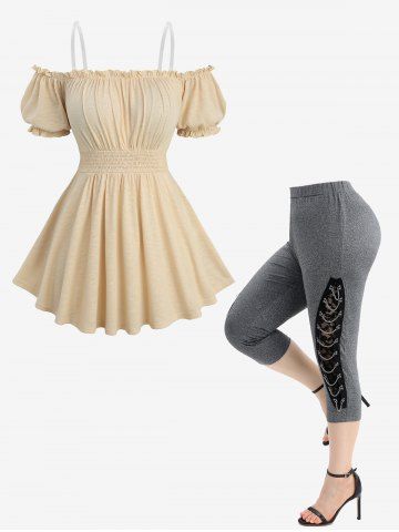 Haut froncé à taille élastique et leggings capri chinés à lacets en patchwork de dentelle fleurie, tenue grande taille