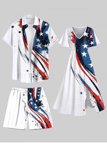 Painting Splatter Patriotic American Flag Curve Print Plus Size Matching Outfit For Couples - WHITE