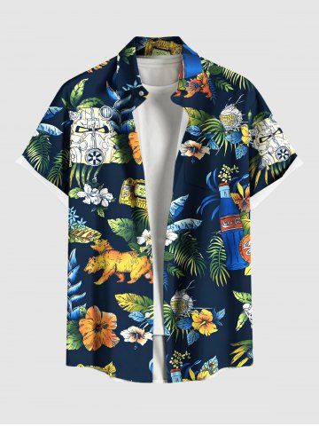 Plus Size Tropical Leaves Hibiscus Floral Print Hawaii Button Pocket Shirt For Men - BLACK - S