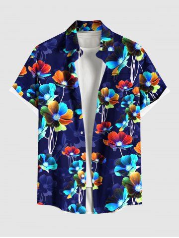 Plus Size Colorful Ombre Floral Print Hawaii Button Pocket Shirt For Men - DEEP BLUE - 5XL