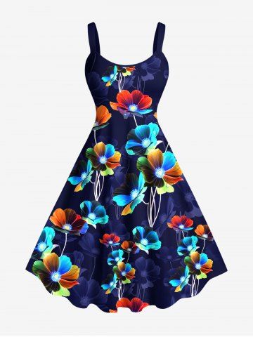 Plus Size Colorful Ombre Flower Print Hawaii A Line Tank Dress