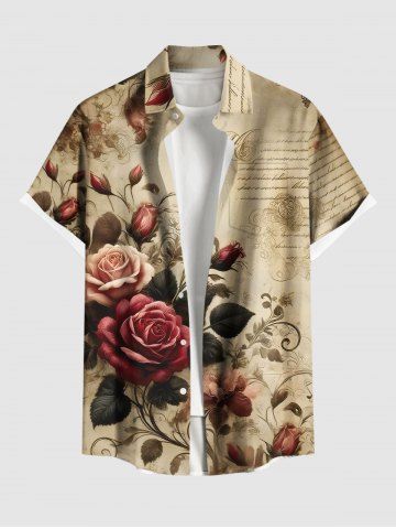 Plus Size Rose Flower Leaves Distressed Newspapaer Print Hawaii Button Pocket Shirt For Men - COFFEE - 5XL