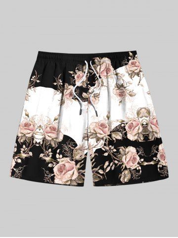 Plus Size Rose Flowers Colorblock Print Hawaii Beach Shorts For Men - BLACK - 8XL