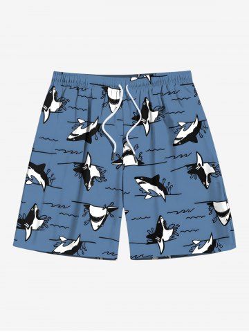 Plus Size Sea Waves Shark Print Hawaii Drawstring Beach Shorts For Men - DEEP BLUE - 7XL