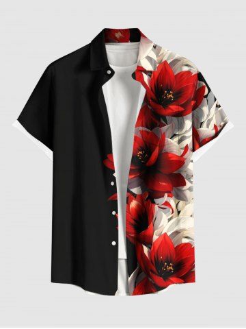 Plus Size Two Tone Floral Print Hawaii Button Pocket Shirt For Men - BLACK - S