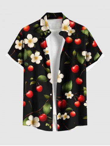 Plus Size Floral Cherry Leaves Print Hawaii Button Pocket Shirt For Men - BLACK - S