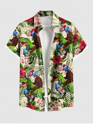 Plus Size Tropical Leaves Hibiscus Floral Gorillas Dinosaur Patriotic American Flag Balloons Print Hawaii Shirt For Men - GREEN - 5XL