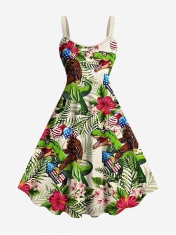 Plus Size Tropical Leaves Hibiscus Floral Gorillas Dinosaur Patriotic American Flag Balloons Print Hawaii Dress - GREEN - 4X