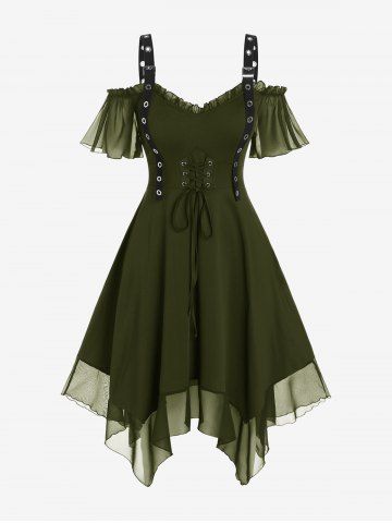 Gothic Plus Size Cold Shoulder Lace Up Grommet Handkerchief Chiffon Asymmetric Dress - DEEP GREEN - 5X | US 30-32