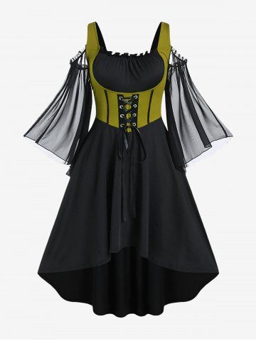 Plus Size Lace Up Cold Shoulder Flare Sleeves High Low Ruched Renaissance Corset Dress - SEAWEED GREEN - 5X | US 30-32