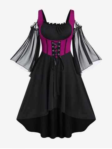 Plus Size Lace Up Cold Shoulder Flare Sleeves High Low Ruched Renaissance Corset Dress - HOT PINK - L | US 12