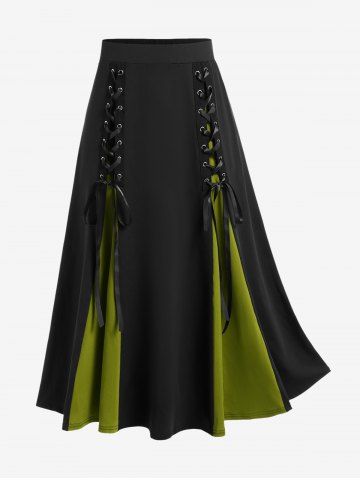 Halloween Vampire Costume Gothic Lace Up Two Tone Godet Hem Midi A Line Victorian Walking Skirt - LIGHT GREEN - 5X | US 30-32