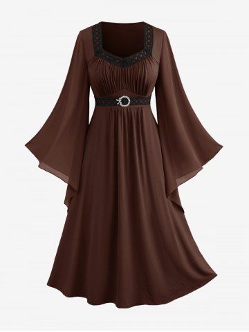 Plus Size Bell Sleeves Ruched Braided Buckle Belted A Line Renaissance Midi Dress - DEEP COFFEE - 1X | US 14-16