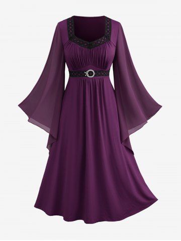 Robe mi-longue style Renaissance grande taille, froncée, tressée, à manches cloche, avec ceinture et boucle - PLUM PURPLE - 5X | US 30-32