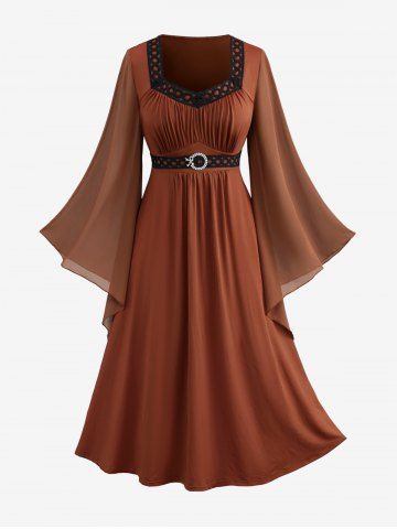 Plus Size Bell Sleeves Ruched Braided Buckle Belted A Line Renaissance Midi Dress - COFFEE - 2X | US 18-20