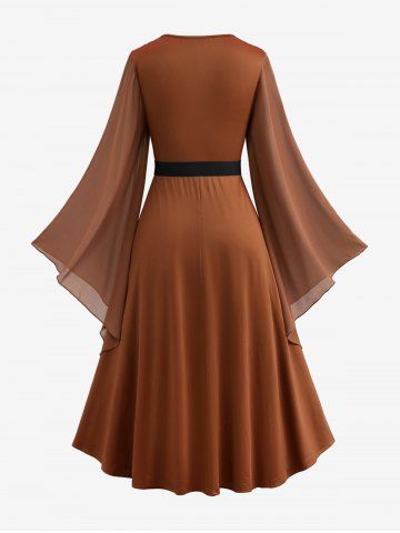 Plus Size Bell Sleeves Ruched Braided Buckle Belted A Line Renaissance Midi Dress