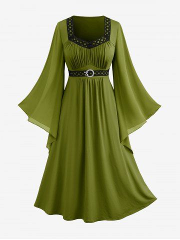 Plus Size Bell Sleeves Ruched Braided Buckle Belted A Line Renaissance Midi Dress - LIGHT GREEN - 3X | US 22-24
