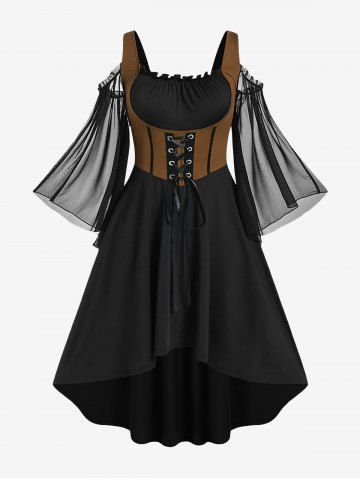 Plus Size Lace Up Cold Shoulder Flare Sleeves High Low Ruched Renaissance Corset Dress - LIGHT COFFEE - 2X | US 18-20